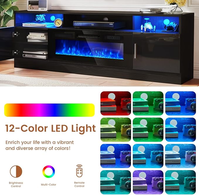 MXV 78" Fireplace TV Stand with Power Outlet for TVs UP to 90", Electric Fireplace Entertainment Center with LED Lights & Storage Cabinets, TV Console for Living Room, Office, Black-Black
