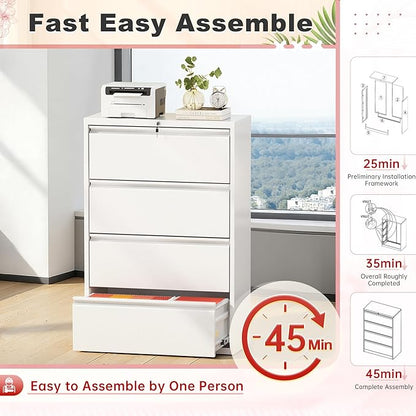 Superday Lateral File Cabinet 4 Drawer Metal File Cabinet with Lock, White Filing Cabinets for Home Office, Locking Filing Cabinets Hanging Files Letter/Legal/F4/A4