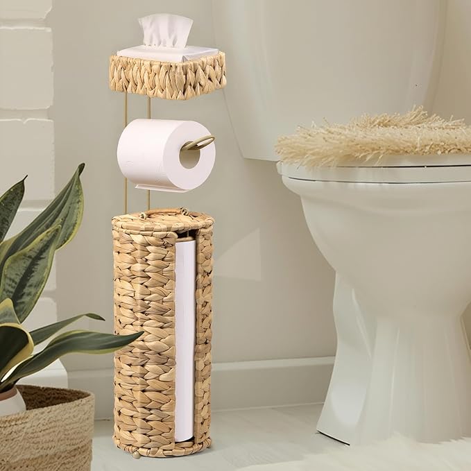 Free Standing Toilet Paper Holder, Rattan Wicker Toilet Paper Basket with Storage, Water Hyacinth Decorative Tissue Roll Storage Holder with Lid for Bathroom