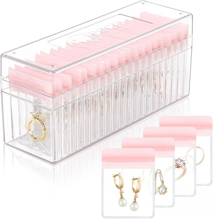 HOMEHIVE Acrylic Jewelry Box Organizer, Clear Jewelry Organizer Holder with 20 Portable Anti Tarnish Jewelry bags, Travel Jewelry Case for Earrings/Rings/Necklaces for Women Girls, Pink