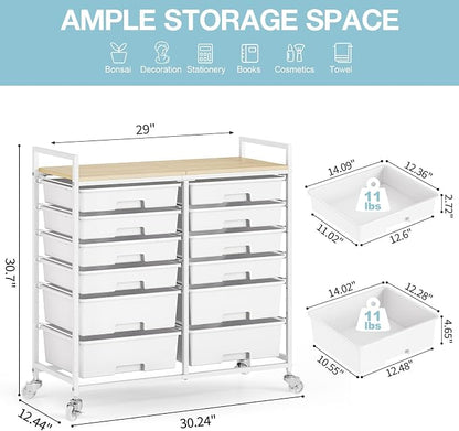 Rolling Storage Cart with 12 Drawers, Wooden Tabletop Utility Cart for Craft Storage, Art Supply Storage & Home Office Organization, Teacher Cart with Wheels for Classroom, School (White)