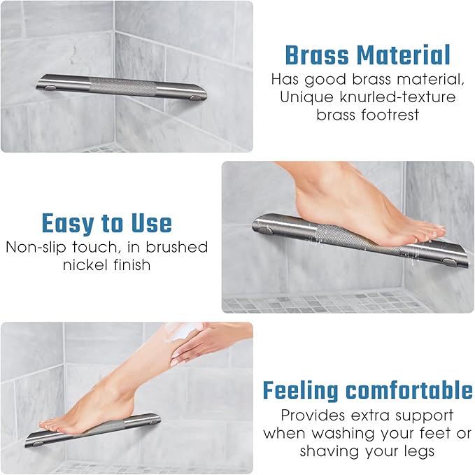 Shower Foot Rest Bar,Corner Foot Rest for Shaving Legs,Wall Mounted Shower Foot Ledge,Antislip Knurled Brass Bar Bathroom Step,Brushed Nickel