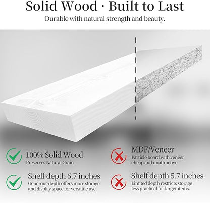 BGMG Wood Floating Shelves 12 inch Set of 2,White Floating Shelves for Wall,Solid Wood Wall Shelves for Bathroom Living Room Bedroom Kitchen Farmhouse -12x 6.7 x1.25 inch