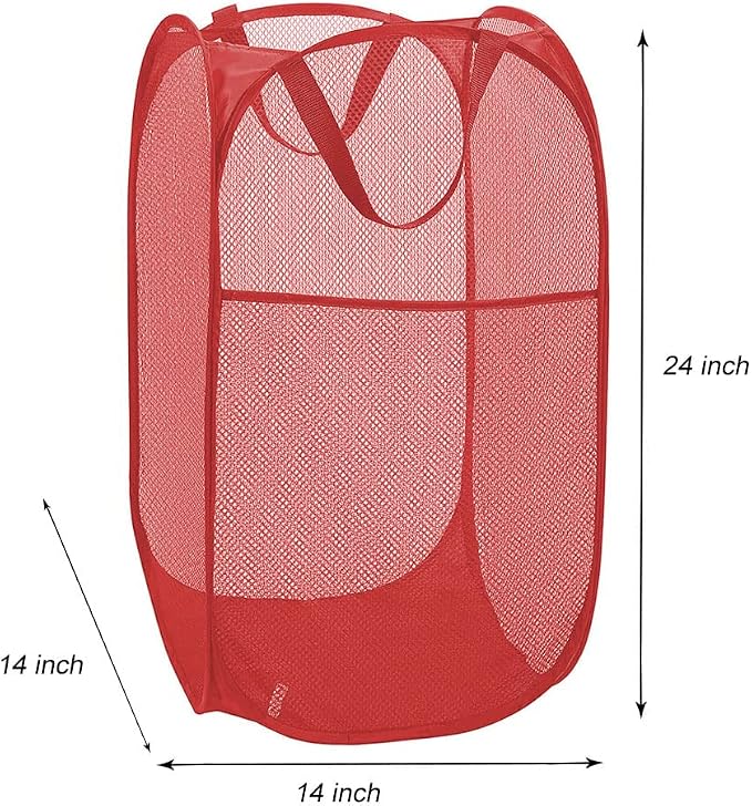 Larpur Popup Mesh Laundry Basket, Collapsible and Portable Clothes Washing Laundry Hamper with Reinforced Carry Handle (Red)