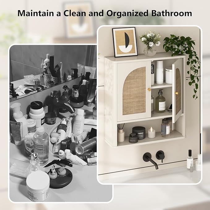 RUSTOWN Rattan Bathroom Wall Cabinet, Over The Toilet Storage Cabinets with 2 Arched Doors, Modern Medicine Cabinet with Adjustable Shelf & Rounded Edges, Mid-Century Bathroom Organization