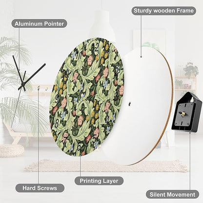 Retro Floral Wall Clock Silent Non Ticking Battery Operated, Vintage William Morris Style Garden Plants Herbs Flowers Botanical Clock Decorative for Bathroom Kitchen Bedroom Living Room(12 Inch)