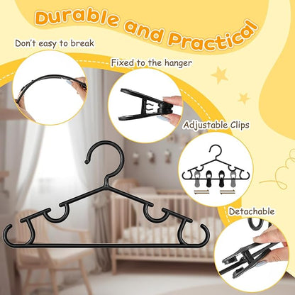 Hsei 5/10/40 Pack Baby Hangers with 10/20/80 Clips, Plastic Kids Pants Hangers for Nursery Closet Top and Bottom Clothes Hanger Set for Newborn Infant Toddler(15 Packs Total,Black,10.6 Inch)