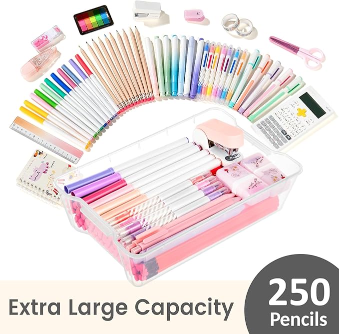 Sooez 6 Pack Pencil Boxes, New Extra Large Pencil Case, Stackable Crayon Pen Box, Clear Marker Organizer Craft Storage, Plastic Containers with Lids, Art Storage Box for School Supplies, Purple