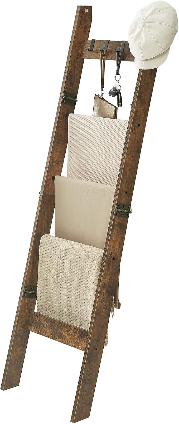 Hzuaneri Blanket Ladder for Living Room, Decorative Quilt Rack with 4 Removable Hooks, 5-Tier Farmhouse Ladder Holder Shelf Organizer for Bedroom, Rustic Brown and Black 02101BBR