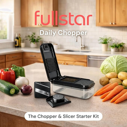 Fullstar Essential Vegetable Chopper & Mandoline Slicer - Space-Saving 2-in-1 - Food Chopper with Container, Fruit Slicer, Onion Dicer - Apartment-Friendly Veggie Chopper - Kitchen Gadget (Black)