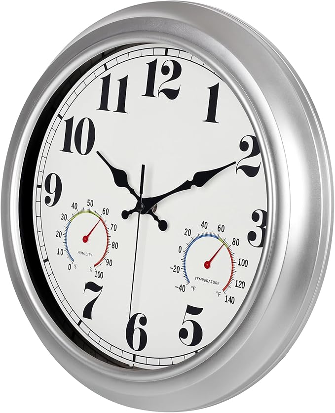 JENLYSTIME 13 Inch Outdoor Clock, Waterproof and Silent, with Thermometer and Hygrometer, Large Numbers for Easy Reading, Perfect for Home,Office,Bedroom,Kitchen,Porch,Garden,Pool(Silver)