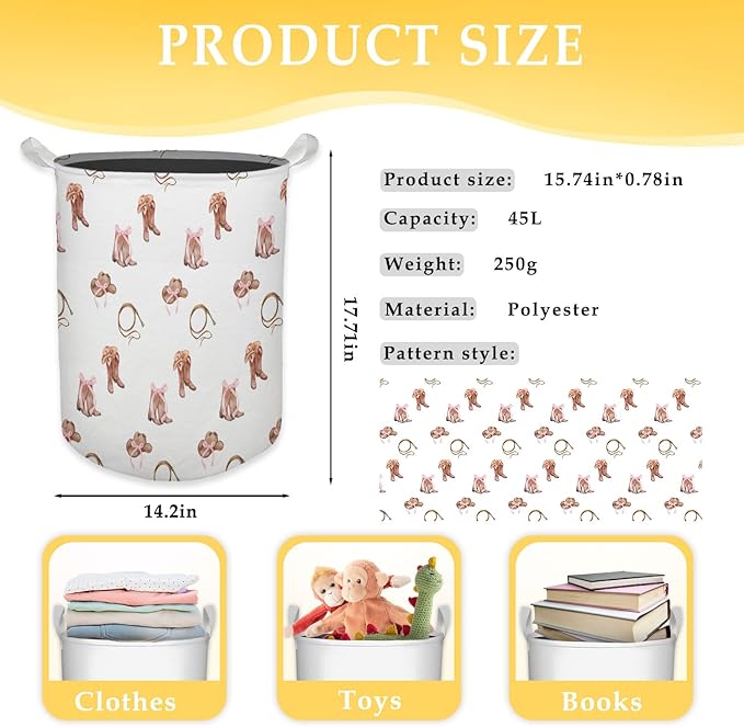 Western Rodeo Bow Cowgirl Laundry Basket, Toybox for Girls Room, Western Laundry Basket Hamper Waterproof Collapsible Clothes Toys Storage Bin Organizer for Bedroom Bathroom Girls Room Dorm