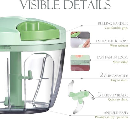 Ourokhome Manual Food Processor Vegetable Chopper, Portable Hand Pull String Garlic Mincer Onion Cutter for Veggies, Ginger, Fruits, Nuts, Herbs, etc., 650ml, Green