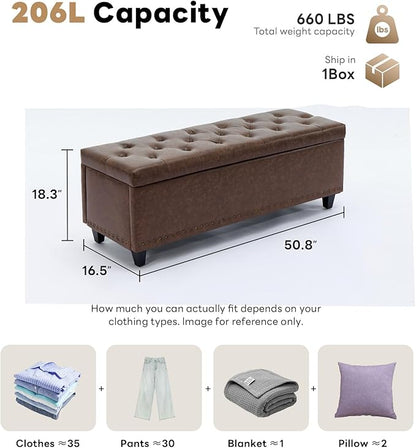 Tbfit 50.8“ Large Ottoman Storage Bench for Bedroom, Oversized Tufted Upholstered Entryway Benches End of Bed, Rectangle Dorm Foot Stool with Safety Hinge & Solid Wood Legs, Loads 660 lb, Brown