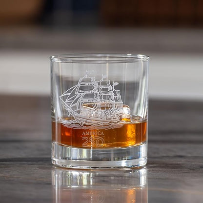 Rolf Glass America250™ Tall Ship On the Rocks Glass | 10oz Whiskey Glass | Made in America | Deep Engraved 13-Star Flag | Officially Licensed America250™ Product | Set of 2
