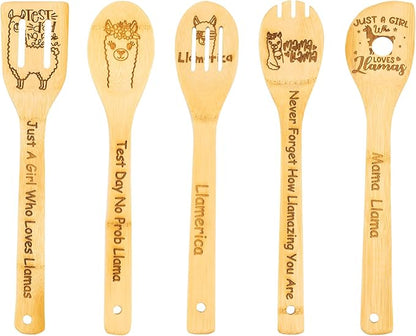 5PCS Llama Wooden Cooking Spoons Llama Gifts Llama Decor Llama Gifts for Women Llama Kitchen Decor Gifts for Llama Lovers llamas Stuff Housewarming Wedding Cooking Bamboo Cooking Spoons