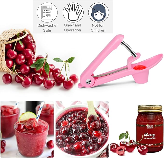 Cherry Pitter Tool, Cherry and Olive Pitter, Easy to Use and Clean, Stainless Steel and ABS, Pink Handle