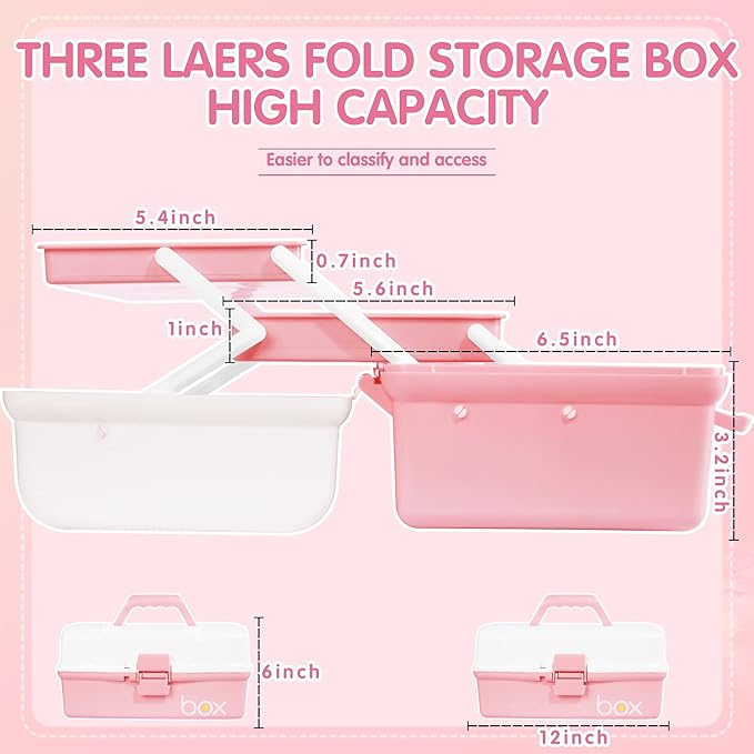 TERGOO 12in 3-Layer Plastic Craft Organizers and Storage, Portable Folding Tackle Box with Handle & Adjustable Dividers, Multipurpose Case for Sewing, Art Supplies, Medicine, Tools (White Pink)