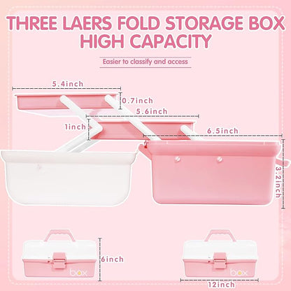 TERGOO 12in 3-Layer Plastic Craft Organizers and Storage, Portable Folding Tackle Box with Handle & Adjustable Dividers, Multipurpose Case for Sewing, Art Supplies, Medicine, Tools (White Pink)
