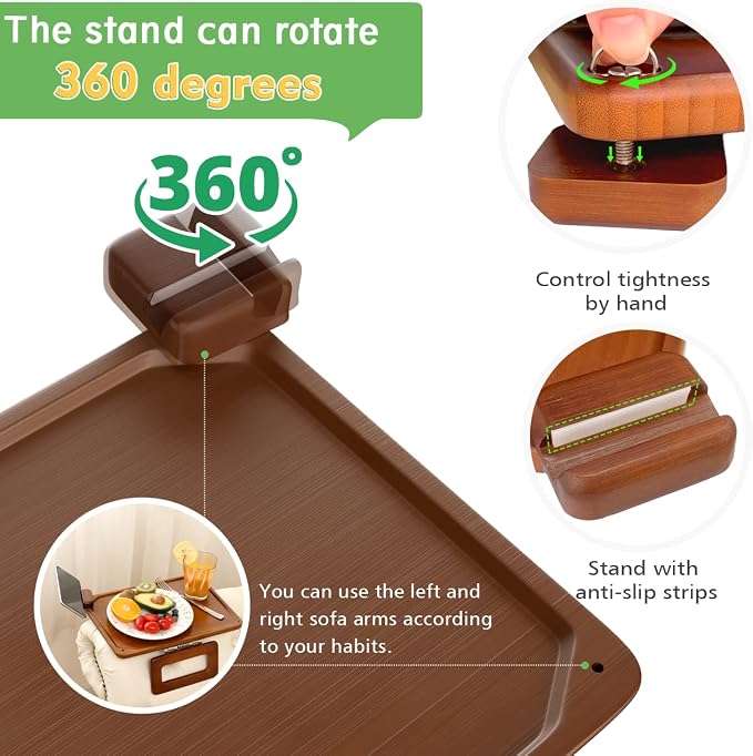 Smatdecis Couch Arm Tray Table Sofa Arm Clip, Armrest Tray Table Suitable for Home Drinks/Fast Food/Fruit Etc, Large Size Multi-Function Brown(360° Rotating Stand B)