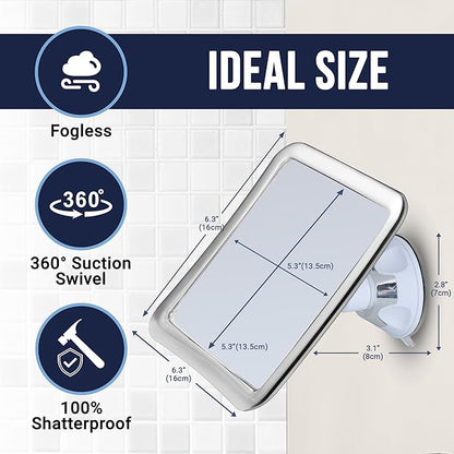 MIRRORVANA Fogless Shower Mirror for Shaving with Upgraded Suction, Anti Fog Shatterproof Surface and 360° Swivel, No Magnification, 6.3" x 6.3" (Chrome)