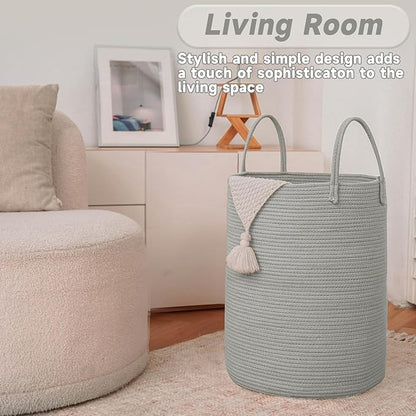JMvicyroam Large Woven Laundry Basket Hamper,60L Cotton Rope Storage Bin for Blankets,Toys and Clothes,Decorative Tall Nursery Hamper for Living Room,Baby Nursery,Bathroom and Bedroom,Grey