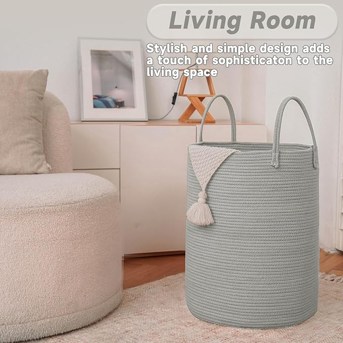 JMvicyroam Large Woven Laundry Basket Hamper,80L Cotton Rope Storage Bin for Blankets,Toys and Clothes,Decorative Tall Nursery Hamper for Living Room,Baby Nursery,Bathroom and Bedroom,Grey