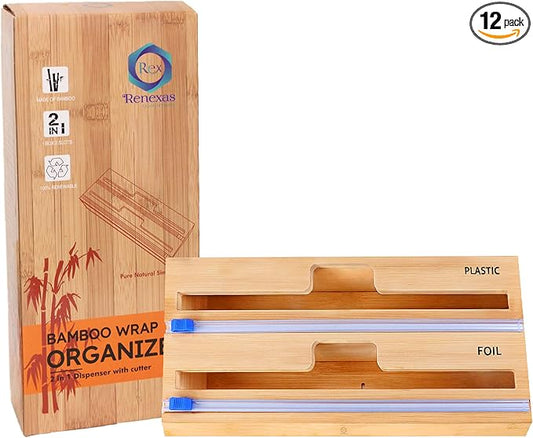 Foil and Plastic Wrap Organizer with Kitchen Aluminum Foil Holder, Cling Plastic Wrap Dispenser with Cutter and Labels, Bamboo Kitchen Wrap Organizer (2 in 1)