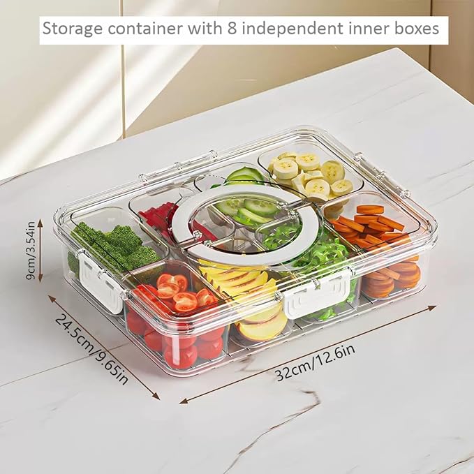 Snackle Box Container, 12.6 * 9.65 * 3.54” with 8 Independent compartments with Lids for lunch/Snack/Fruit/Veggie Storage, Organizers for Pantry/Refrigerator/Closet/kitchen