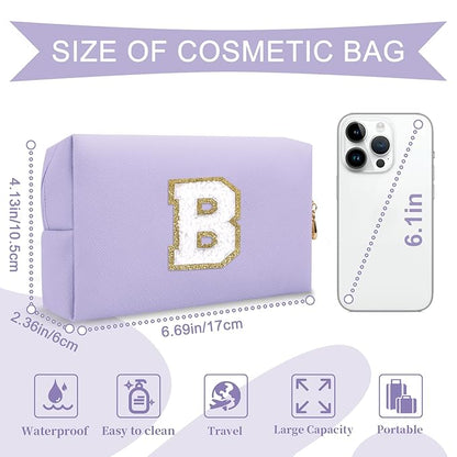 Personalized Makeup Bag Initial A-Z Preppy Patch Bag,Small PU Leather Travel Cosmetic Bag Pouch with Zipper,Purple Cute Toiletry Bag,Gift Ideal for Teen Girls Women Birthday Friend Mom,Latter B