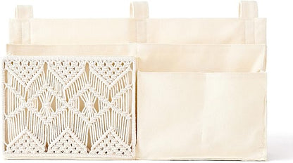 Mkono Bedside Caddy Hanging Organizer, Bunk Woven 7 Pockets Bed Storage Bag Boho Remote Magazine Books Holder with Macrame for Loft Bed College Dorm Bedroom Baby Bed Rails, Ivory
