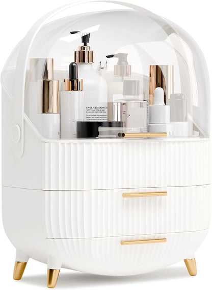 lurcns Makeup Organizers and Storage, Make up Organizer for Vanity Cosmetics Skincare Organizers With Lid and Drawers Display Cases for Countertop（White）