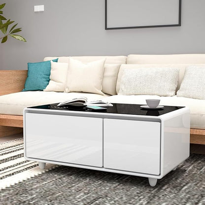 Smart Coffee Table with Fridge and Bluetooth Speakers, Smart Refrigerator Table with 15W Wireless Charger, Touch Control Panel, USB Port, Atmosphere Light and More, LT90 Pro-White