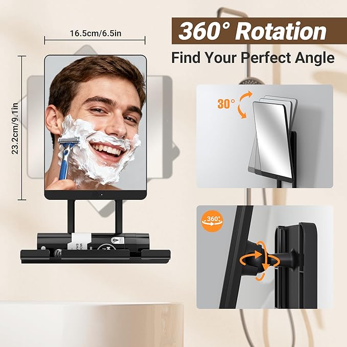 Heated Fogless Shower Mirror for Shaving, 5000mAh Long-Lasting Anti-Fog Shower Mirror with 360° Rotating Design & Razor Holder, Fog-Free Shaving Mirror for Men (Black)