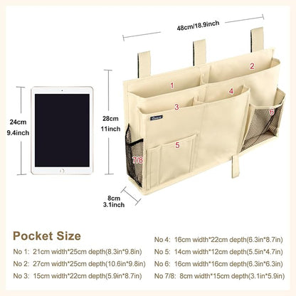 Surblue Bedside Caddy Hanging Organizer Storage Bag Pocket for Bunk, Hospital, College Dorm Rooms, Baby Bed Rails, Camp - 8 Pockets, Large, Beige