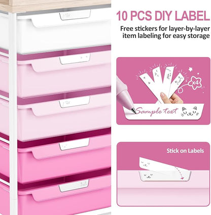10 Drawers Rolling Cart with Wooden Tabletop, Utility Storage Cart with Wheels, Art Supply Craft Organizer on Wheel with Metal Frame & Handles for Home Office School,Pink