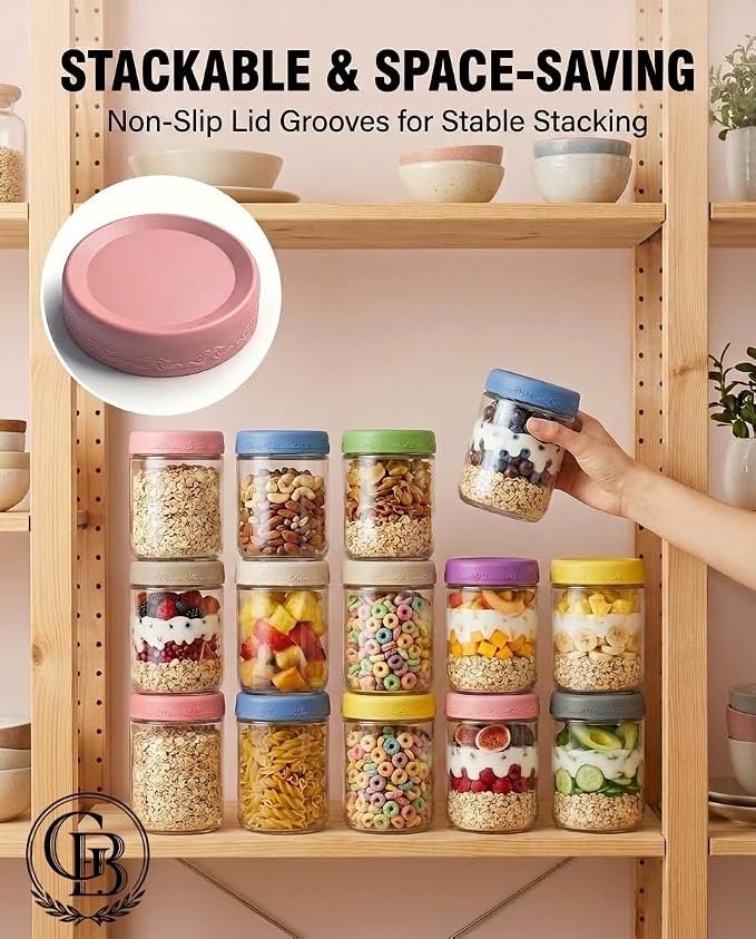 16 OZ Overnight Oats Jars with Lids 8 Pack, Glass Meal Prep Containers, Reusable Food Storage Jars, Airtight Mason Jars for Breakfast, Yogurt Parfait, Salad, Smoothies(8 Pack)