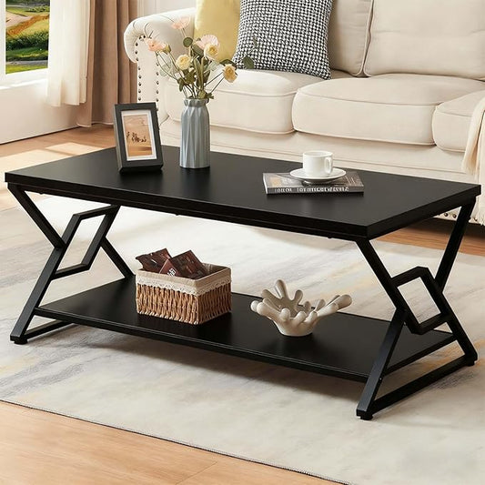 HOMISSUE Coffee Table, Rustic Rectangle Coffee Table with 2-Tier Storage, Engineered Wood Center Table with Open Shelves, Minimalist Coffee Table for Living Room, 47 Inch, Black