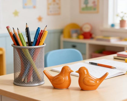 Artconal Small Orange Bird Statue Ceramic 2-Piece Set, 2¾ inch Cute Knick Knack for Home Office Shelf Desk Decor