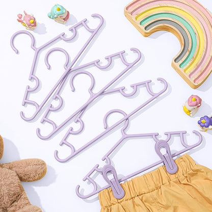Hsei 5/10/40 Pack Baby Hangers with 10/20/80 Clips, Plastic Kids Pants Hangers for Nursery Closet Top and Bottom Clothes Hanger Set for Newborn Infant Toddler(120 Packs Total,Purple,10.6 Inch)