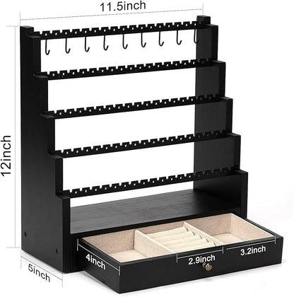 Pinzoveco Earring Organizer, 5 Layer Earring Holder Organizer with Metal Necklace Holder Pole, Rustic Wood Jewelry Organizer Stand Display for Stud Earring Bracelet Necklace Ring, 175 Earring Holes