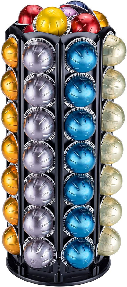 FlagShip Coffee Pod Holder for Nespresso Vertuoline,Rotating Carousel with Extra Top Space Holds 80+ Pods,Prefect fit all size Vertuo Pods,No Assembly Required Black Metal for Nespresso Pod Storage