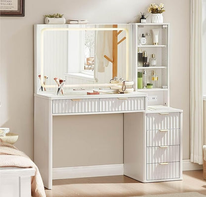 LEYAOYAO Vanity Desk with Mirror and Lights, 43.5'' Fluted Makeup Vanity with 6 Drawers and Adjustable Shelves, Wood TC Make Up Vanity Dressing Table with Glass Top and Power Outlet for Bedroom