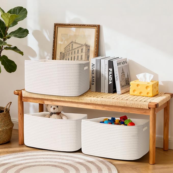 3 Pack Large Storage Basket for Organizing, 17.5"x13.5"x7.5" Woven Basket for Shelves, Closet Cube Storage Bins with Wrapped Handle, Cotton Rope Baskets for Kitchen, Clothes, Toys(Off White)