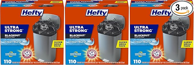 Hefty Ultra Strong Trash Bags,Black Tall Kitchen Trash Bags 13 Gallon Size,Break Resistant Drawstring Enclosure,Continuous Odor Control,Blackout,Clean Burst Scent,110 Count,(Pack of 3)
