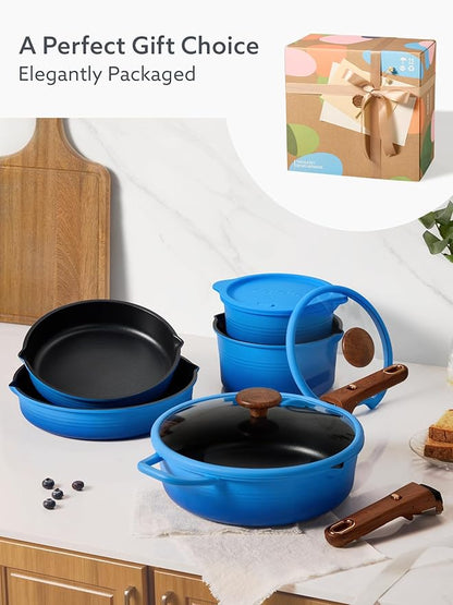 CAROTE 20Pcs Titanium Cookware Set, Pots and Pans Set Non Stick, Kitchen Cooking Set with Detachable Handle, Non Toxic Induction Cookware - Camping Cookware, Dishwasher/Oven Safe, Blue