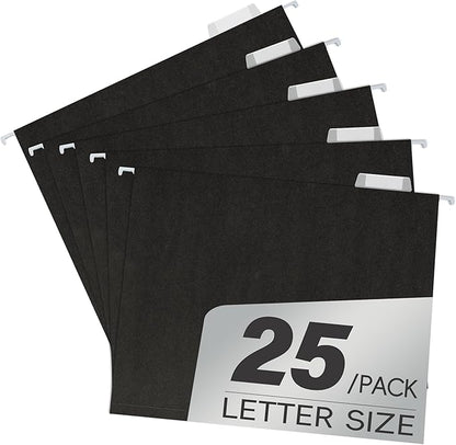 Hanging File Folders,25 Pack Letter Size Black Hanging File Folders with 1/5-Cut Tabs,11 Point Paper Stock,Bulk for Filing Cabinet