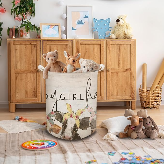 HKTZM Farmhouse Cow Laundry Basket, Hay Girl Hay Waterproof Collapsible Laundry Hamper Dirty Clothes Storage Toy Bin Organizer for Girls Kids Room Bathroom Bedroom Nursery