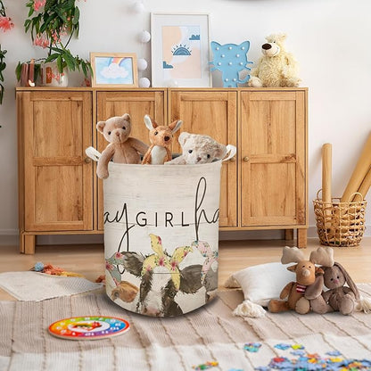 HKTZM Farmhouse Cow Laundry Basket, Hay Girl Hay Waterproof Collapsible Laundry Hamper Dirty Clothes Storage Toy Bin Organizer for Girls Kids Room Bathroom Bedroom Nursery