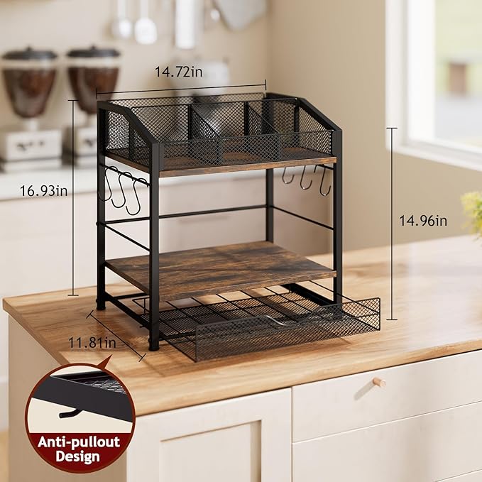 Homsorout Coffee Bar Organizer - Countertop Coffee Station, 42 K Cup holder Storage Basket with Drawer and Hooks for Syrup, Cups, Stirrer, Condiment, Tea Organizer, Black and Brown